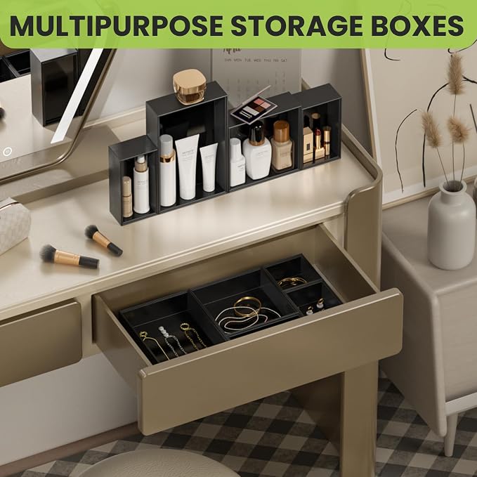 Bamboo Drawer Organizer Set, 5 PCS Multi-use Varied Sizes Junk Drawer Organizer Kitchen Storage Box for Office, Home, Bedroom, Bathroom, Black - Image 6