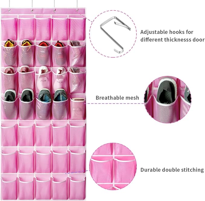 SAVERHO 35 Pockets Over the Door Shoe Organizer, Hanging Shoe Organizer for Door with 35 Mesh Pockets Large Capacity Shoe Hanging Storage Bag with 4 Metal Hooks (Pink-1Pack) - Image 3