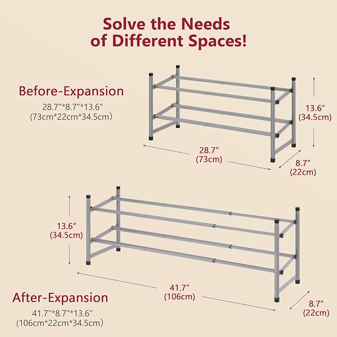 Tajsoon 2 Tier Expandable Shoe Rack for Closet, 28“-41“Adjustable & Stackable Shoe Shelf Storage, Metal Shoe Rack Organizer for Front Door Entrance, Closet, Garage, Entryway, Grey - Image 3