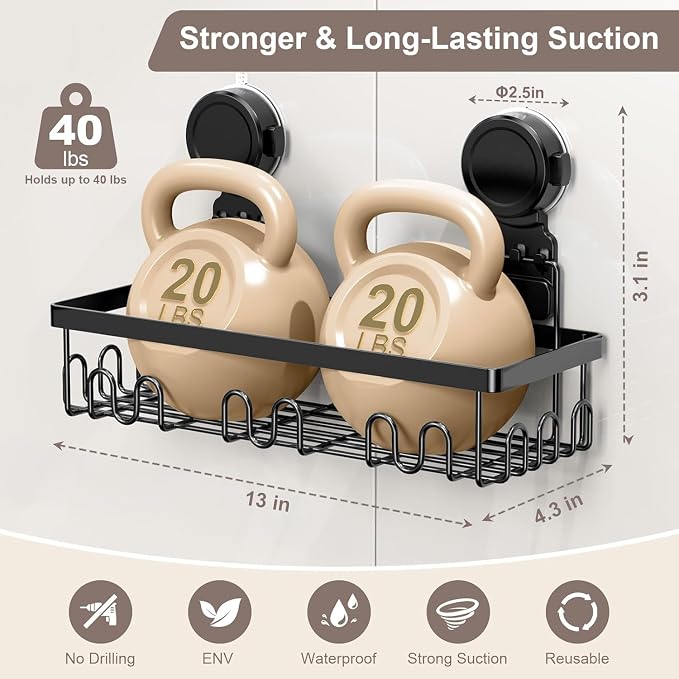 JOTPE Shower Caddy Suction Cup, Powerful Suction Storage Shelf Holds Up to 40 lbs, No Drilling Bathroom Organizer with Large Capacity, Removable & Reusable Shower Basket with Hooks, Rustproof, Black - Image 2