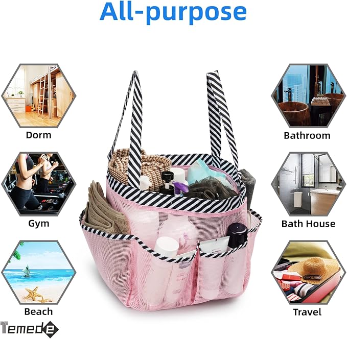 Temede Mesh Shower Caddy Tote, Large Shower Caddy Basket Portable, Quick Dry Hanging Toiletry Bag, 8 Storage Pocket Bath Organizer for College Dorm Room, Gym, Bathroom, Camp, Travel (Pink+Stripes) - Image 6