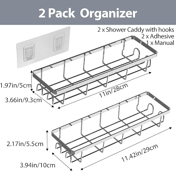 Shower Caddy Organizer with Hooks,Self Adhesive Bathroom Shelves,No Drilling Bathroom Organizers and Storage,Perfect for RV, Apartment, Home Decor,2 Pack Silvery - Image 3