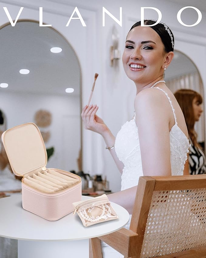 Vlando Travel Jewelry Case,Jewelry Organizer with 6 zipper velvet Jewelry bags for Women Girl,Wedding Birthday Gift Ideas for Women Earrings Rings Storage Gift Box Packaging Pink - Image 6