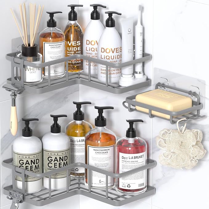 YASONIC Shower Caddy Corner, 3-Pack Adhesive Rustproof Stainless Steel Shower Shelves with Soap Holder, No Drilling Shower Organizer Corner for Dorm, Renters Bathroom, Grey by YASONIC