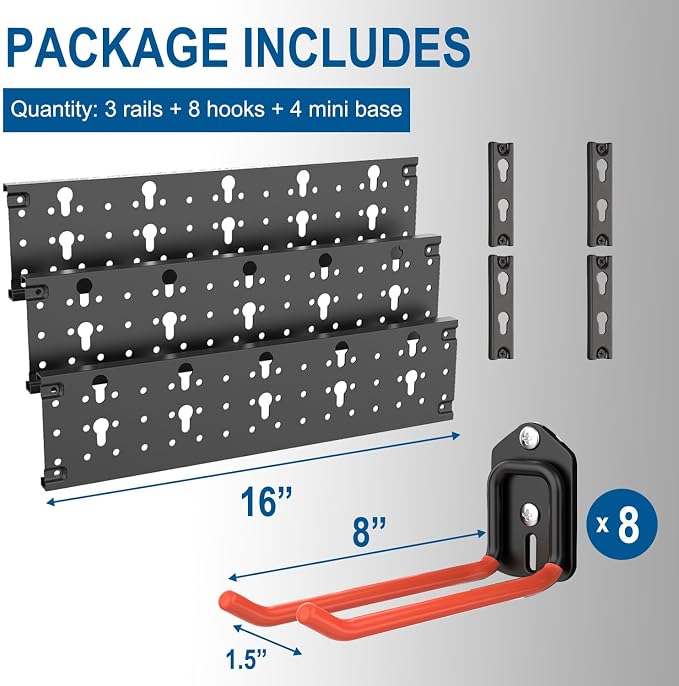 Wallmaster Wall Mount Garage Organizer Tool Storage Rack, Heavy Duty Folding Chair Hangers with 8 Adjustable Hooks, 48-inch Tracks, Max Load 300lbs - Image 4