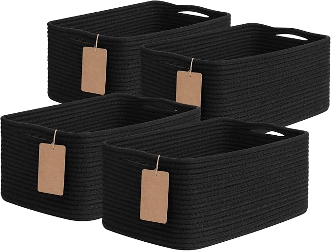 Goodpick 4 Pack Storage Baskets for Shelves, Rectangle Cotton Rope Baskets for Organizing, Closet Storage Bins for Baby Toys, Decorative Woven Basket with Handles, 13''L x 8''W x 6''H, Black by Goodpick