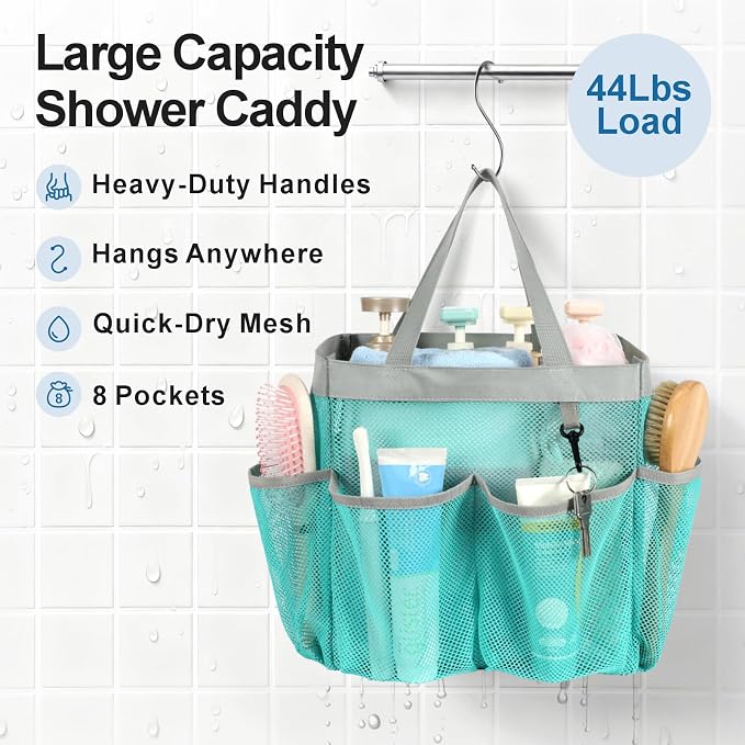 F-color Mesh Shower Caddy Portable, Upgrade Deeper 7 Pockets Shower Bag Basket Bag for College Dorm Room Toiletry Bathroom Essentials Gym Camp Quick Dry 2 handles with S Hook, Mint Green - Image 4