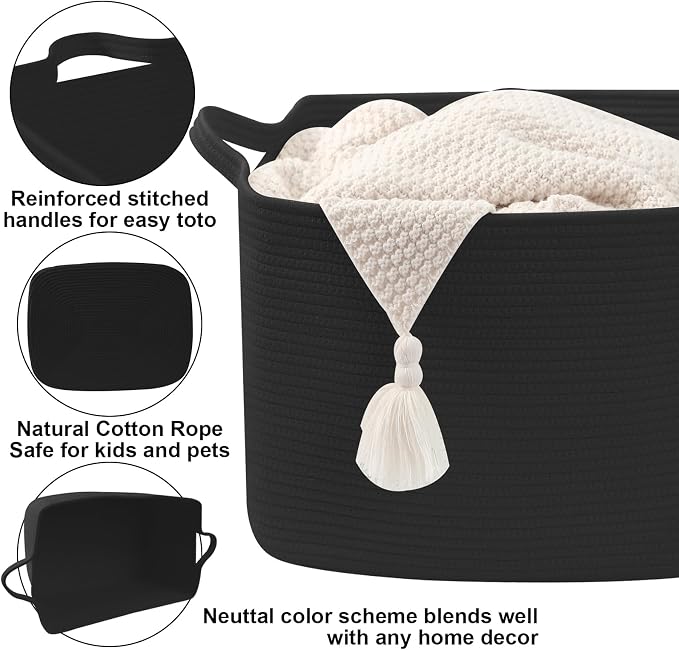 Large Blanket Basket,Woven Rope Basket Storage Bin with Handles,65L Rectangle Laundry Basket for Magazines,Toys,Clothes,Newspaper Shelf Organization,Nursery and Living Room,Black - Image 3