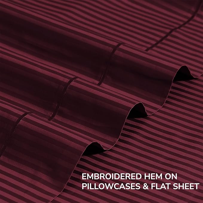 Feather & Stitch 500 TC King Size Damask Bed Sheet Set, 100% Cotton Soft Breathable Bedsheets, 4 Piece 18" Deep Pockets Sateen Weave Striped Bedding Mattress Resort Hotel Luxury- (Burgundy Stripe)