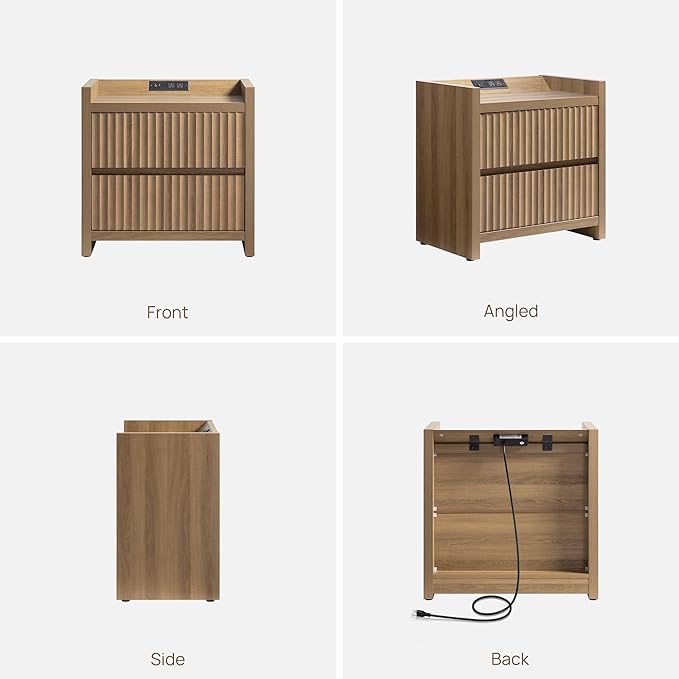 SICOTAS Night Stand Fluted Nightstands with Charging Station-Modern 2 Drawers Nightstand 25" Tall Bedside Table End Table, Large Night Stands for Bedroom, Sofa Side (Caramel Oak, 1 Piece)