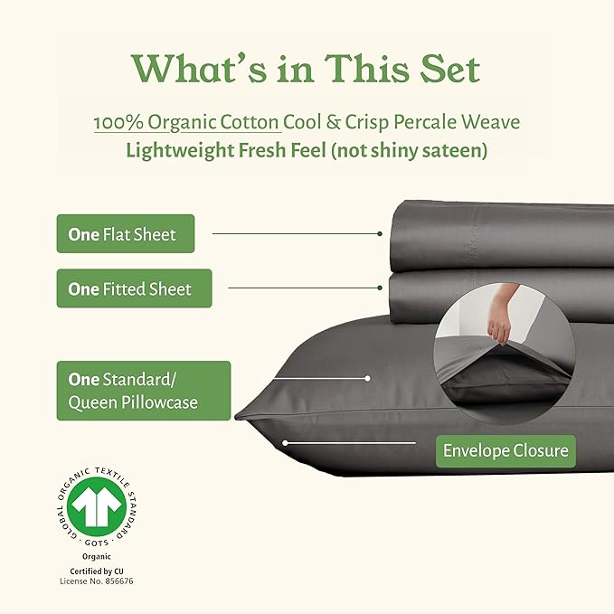 California Design Den Twin Sheets Set - Deep Pocket 100% Organic Cotton Sheets, Cool & Crisp Percale, Durable Bedding Set - Grey