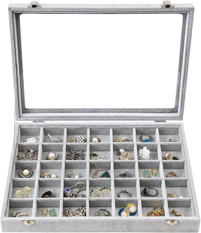 Jewelry Tray 35 Grid Velvet Jewelry Organizer with Clear Lid Transparent Earring Bracelet Organizer Holder Case with Clasp Drawer Insert for Rings Studs Gift for Women Girls by EONGOA
