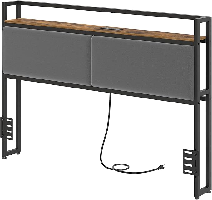 YATINEY Queen Size Headboard Only, Upholstered Queen Headboard with Charging Station, Head Board with Open Storage, Height Adjustable, Vintage Style, Sturdy and Stable, Rustic Brown, Gray and Black