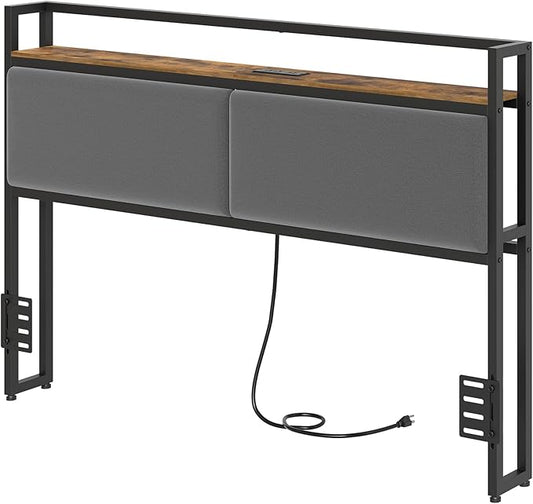 YATINEY Queen Size Headboard Only, Upholstered Queen Headboard with Charging Station, Head Board with Open Storage, Height Adjustable, Vintage Style, Sturdy and Stable, Rustic Brown, Gray and Black