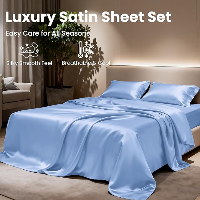 Love's cabin Satin Sheet Set - 3 Piece Sky Blue, Luxury Silky Feel, Twin Size, Deep Pockets, Wrinkle Resistant