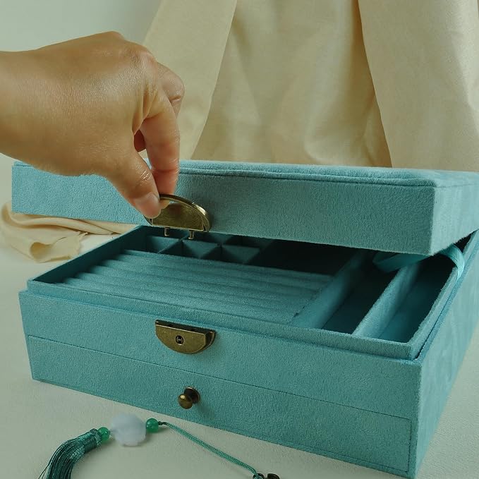 Women Jewelry Box Lockable 3 Layers Large Jewelry Organizer Storage Case for Earrings Necklaces Rings Bracelets,Green Display Jewel Holder (Light Green) - Image 3