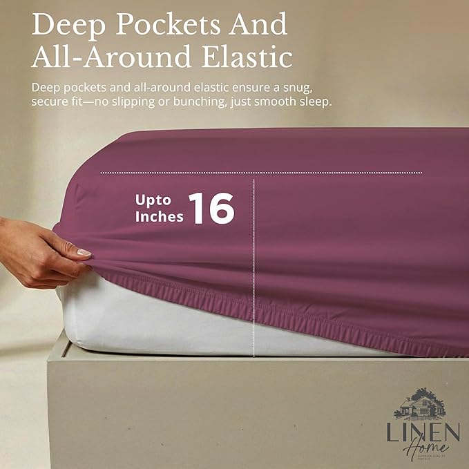 Linen Home 100% Cotton Percale Sheets Queen Size, Damson Berry, Deep Pocket, 4 Pieces Set - 1 Flat, 1 Deep Pocket Fitted Sheet and 2 Pillowcases, Crisp Cool and Strong Bed Linen