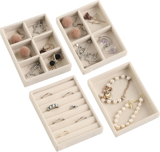 Frebeauty Small Jewelry Tray Set,Stackable Velvet Jewelry Organizer Tray,Mini Jewelry Drawer Organizer,Drawer Inserts,4.92 x 3.74 x 0.9 Inches,Earring Organizer for Women(Set 4,Beige) by Frebeauty