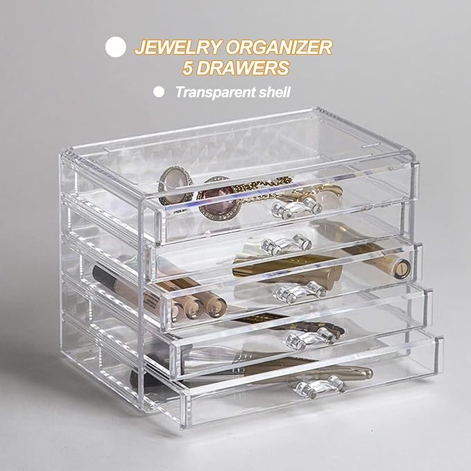 YUFONG Earring Storage Box Organizer 5 Drawers Jewelry Organizer Acrylic Jewelry Storage Box Holder Compartment Transparent Display Storage Case Gift for Women Girls (5 Grids) - Image 6