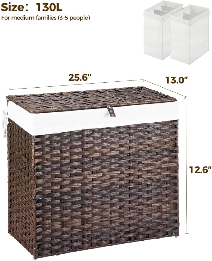 GREENSTELL Laundry Hamper with Wheels&Lid, 130L Large 3 Sections Clothes Hamper with 2 Types Removable Liner Bags, 5 Mesh Laundry Bags, Handwoven Divided Laundry Basket Brown - Image 5