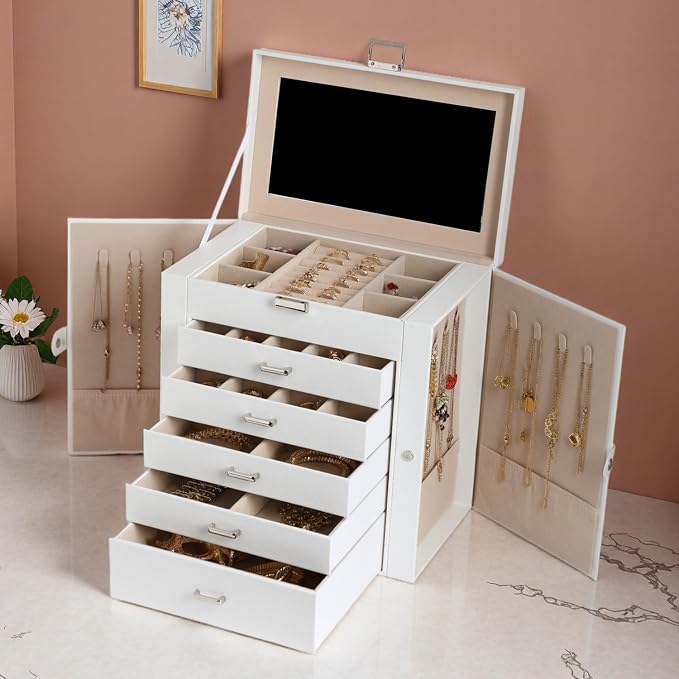 BOOVO Jewelry Box For women, 6 Layer Large Jewelry Organizer With Mirror, Multi-Function Storage Box With Lock, Necklace Holder With 5 Drawers, For Earrings Necklace Bracelet (Silver and White) - Image 7