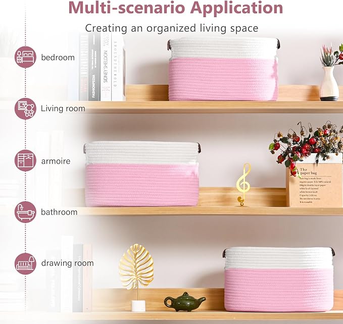 ECDYQXVU Cotton Rope Basket, Storage Baskets with Handle, 15x10x9 Inch Woven Basket for Shelves, Laundry, Towels, Clothes, Books (White/Pink 1Pack) - Image 5