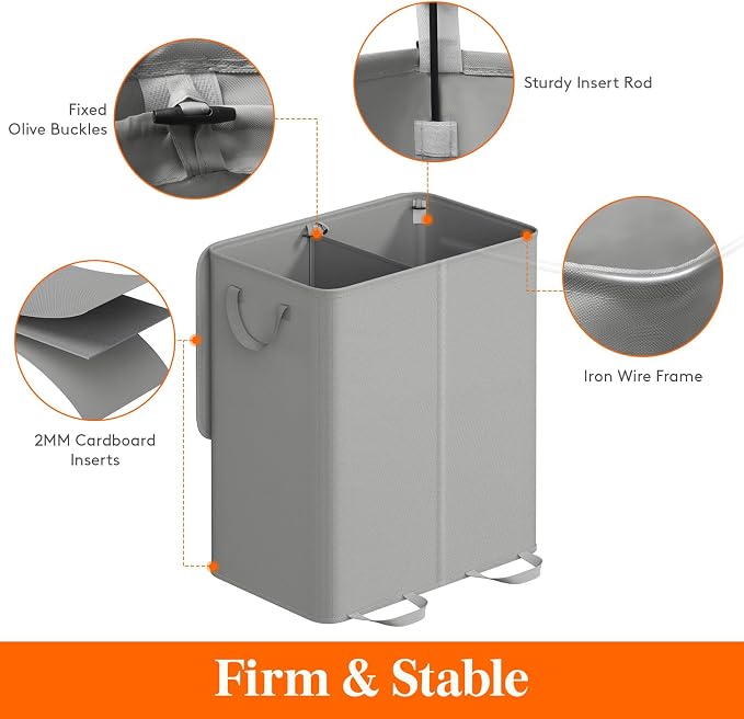 Lifewit Double Laundry Hamper with Lid and Removable Laundry Bags, Large Collapsible 2 Dividers Dirty Clothes Basket with Handles for Bedroom Laundry Room Closet Bathroom College, 155L Silver Gray - Image 2
