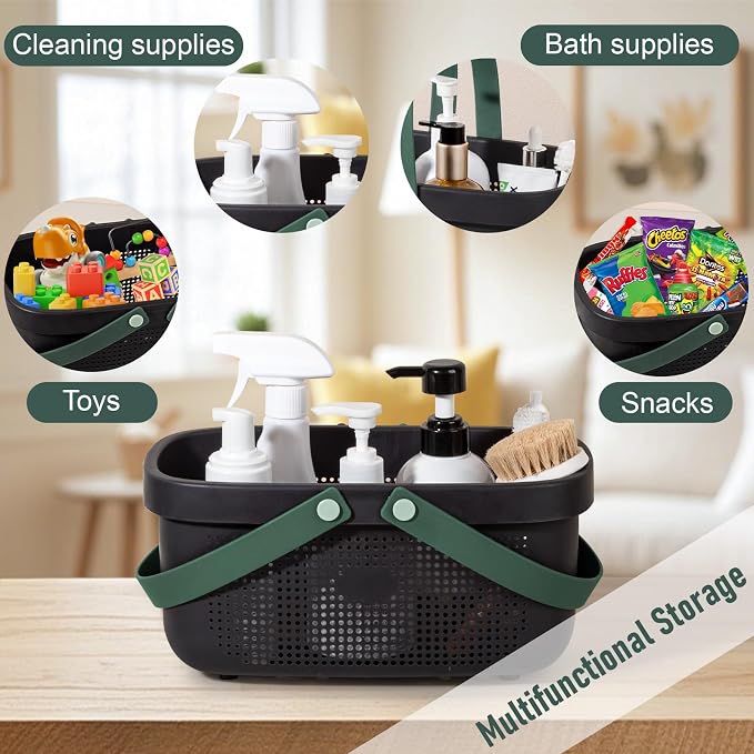 JiatuA Plastic Storage Basket with Handle Portable Shower Caddy Tote Organizer Basket Bin for Bathroom Kitchen Dorm Room Bedroom, Black Green - Image 4