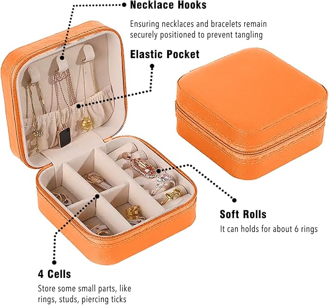 Small Travel Jewelry Box, Portable Mini Jewelry Leather Box Jewelry Ring Organizer Case Storage Holder Gift Boxes for Girls Women, Orange - Image 3