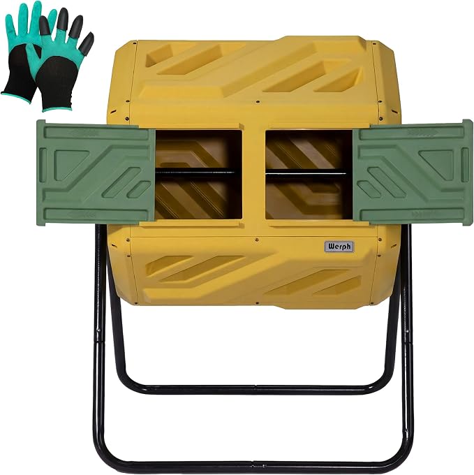 Werph Updated 43 Gallon Dual-Chamber Compost Bin, Fast Assembly Outdoor Compost Tumbler, Rotating Batch Composter Bin with Gloves for Garden, Kitchen, and Yard by ColorYourLife