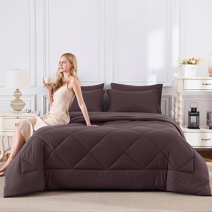 CozyLux King Size Comforter Set Cocoa Powder - 7 Pieces Bed in a Bag King, Luxury Soft Bed Set for All Seasons, Bedding Set with Down Alternative Comforter, Sheets, Pillowcases & Shams