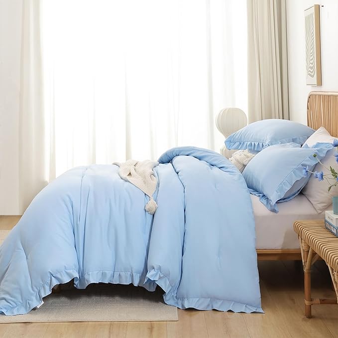 JANZAA Ruffle Light Blue Comforter Set King Size Comforter 3PCS 1 Emerald Comforter and 2 Pillowcases Vintage Farmhouse Shabby Chic Bedding Soft Fluffy Comforter Set All Season (Light Blue, King)