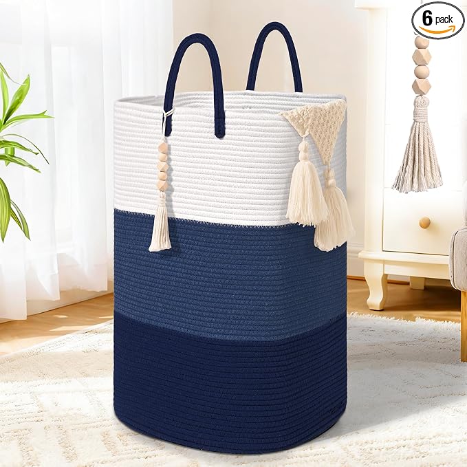 Woven Laundry Basket for Clothes,100 L Large Rectangle Laundry Hampers with Beads Tassel, Nursery Storage Basket for Toys, Tall Dirty Clothes Hamper for Bedroom Aesthetic, Laundry Room Organization by WENMER