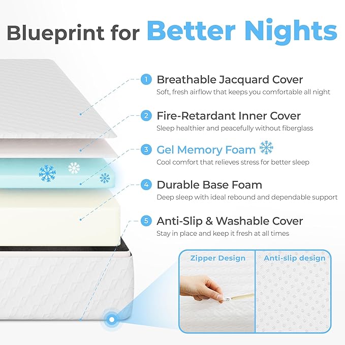Neo Sleep 10 Inch King Cooling Gel Memory Foam Medium Firm Mattress Cool Sleep Pressure Relief CertiPUR-US Certified Foam, Mattress-in-a-Box Kids and Adults No Fiberglass (King, 10 in)