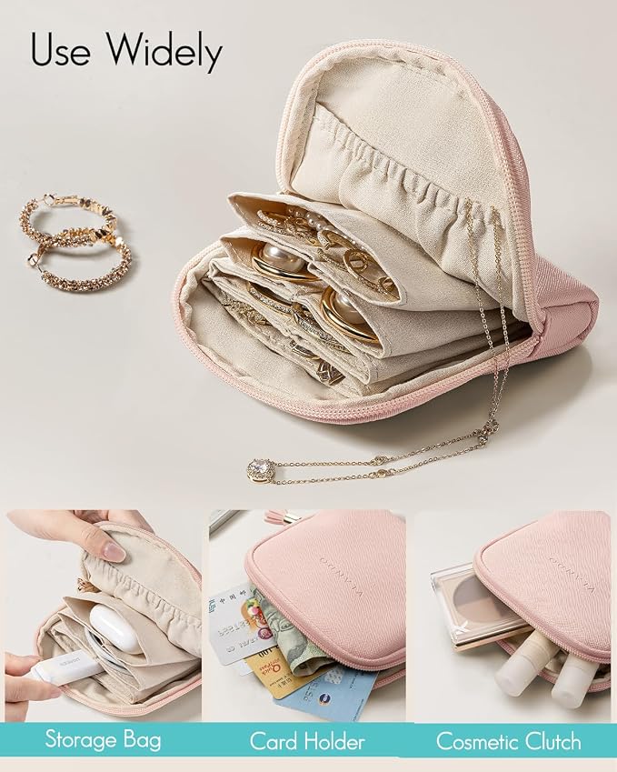 VLANDO Small Travel Jewelry Organizer,Jewelry Pouch Bags,Velvet Jewelry Storage Bag for Bracelet Rings Earring,Portable Jewelry Travel Case for Traveler-Pink - Image 4