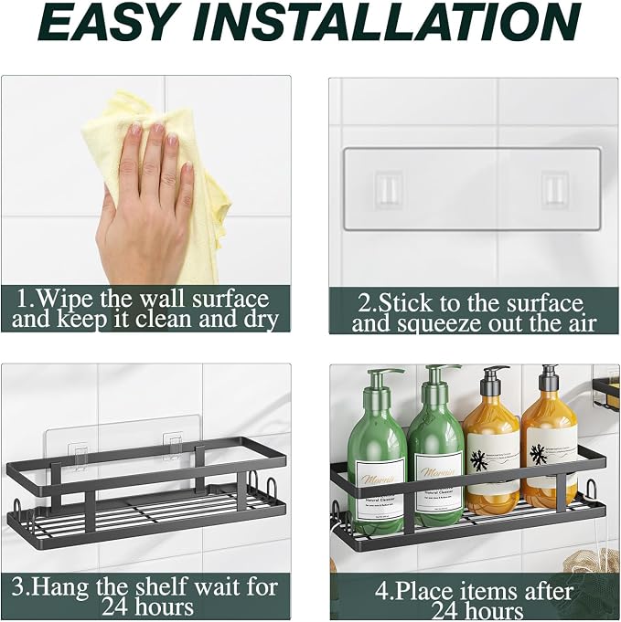 Youvip Adhesive Shower Caddy,Shower Shelves with Soap Holder and 12 Hooks,Rustproof No Drilling Bathroom Organizer and Storage,Black,3 Pack - Image 9
