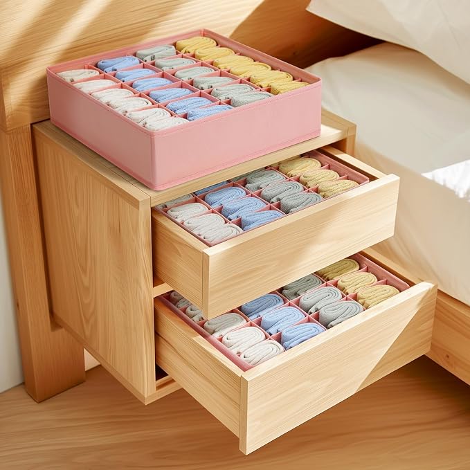 Joyoldelf Sock Organizer Drawer Organizer - Underwear Organizer, 24 Cell Collapsible Closet Organizers and Storage Sock Holders Organizers for Storing Socks, Ties, Belts 6 Pack Pink - Image 5