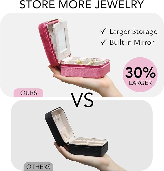 BLUTETE Travel Jewelry Box Organizer Velvet Travel Case With Mirror Ring Earrings Necklaces Storage Organizer Box (Berry Pink) - Image 4