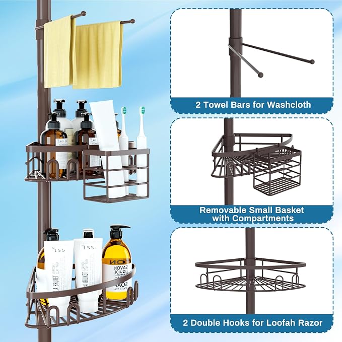 Rustproof Shower Corner Caddy Shelf for Bathroom Tension Pole Organizer with 4 Baskets for Bathtub Shampoo Storage from 23.6 to 114.5 Inch with Towel Bar (Bronze) - Image 4