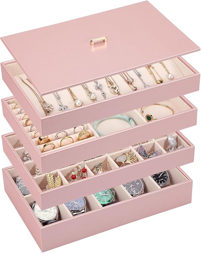 Voova Stackable Jewelry Organizer Tray with Lid, PU Leather Jewelry Storage Holder for Drawer Inserts, Jewellery Display Box Case for Earring Necklace Ring Watch Bracelet (Set of 4, Rose Gold) by Voova