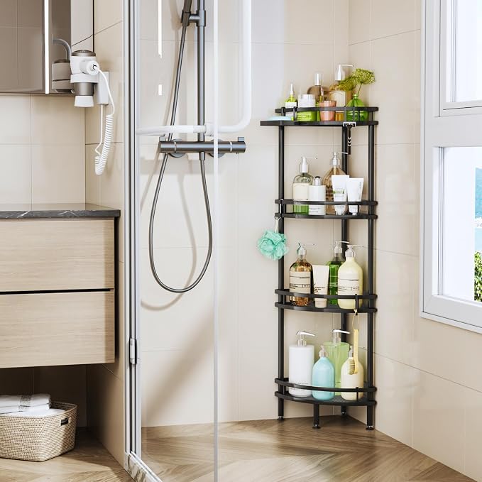 HapiRm Standing Corner Shower Caddy - 4 Tier Shower Organizer Corner with Soap Holder and 4 Hooks, Rustproof Bathroom Storage Shelves with Adhesives, Black - Image 6