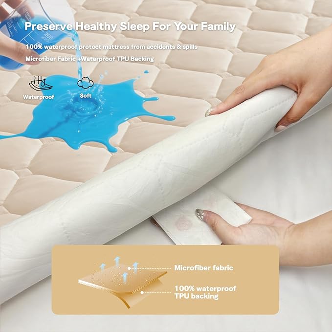 Waterproof Mattress Protector Full, 18” Deep Pocket Fitted Mattress Topper+2pcs Pillow Cases - Leakproof, Oeko-TEX Certified, Breathable & Noiseless,Machine Washable (Khaki)