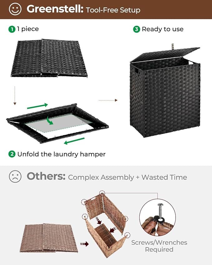 Greenstell Laundry Hamper with lid, No Install Needed, 110L Wicker Laundry Baskets Foldable 2 Removable Liner Bags, 2 Section Clothes Hamper Handwoven Rattan Laundry Basket with Handle, Black - Image 7