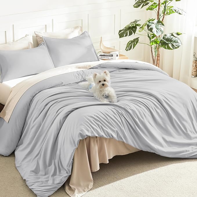 Litanika Comforters Light Grey Oversized Queen Size, 3 Pieces Lightweight Solid Bedding Comforter Set, All Season Fluffy Bed Set (98x98In Comforter & 2 Pillowcases)