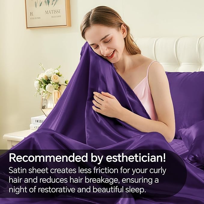BEDELITE Satin Sheets Full Size Bed Set, Luxury Soft Plum Purple Sheets for Hair and Skin, Similar to Silk Bed Sheets Set 4 Pieces with 1 Deep Pocket Fitted Sheet, 1 Flat Sheet, and 2 Pillowcases