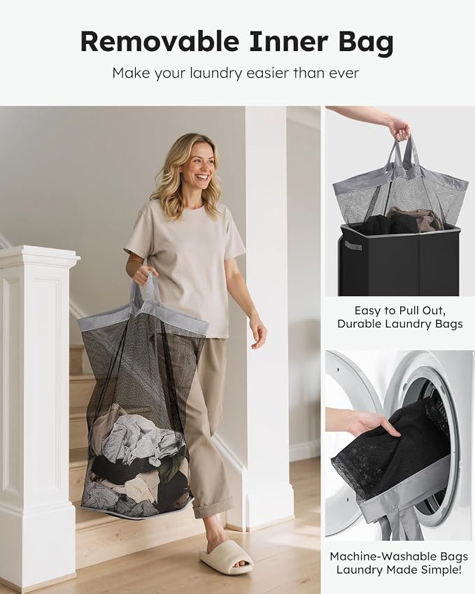 SOLEDI Laundry Hamper with Lid 130L Large & Tall Collapsible Laundry Basket, Clothes Hamper with Bag Removable Easy to Carry, Dirty Hampers for Bedroom, Bathroom, Dorm, College, Black - Image 4