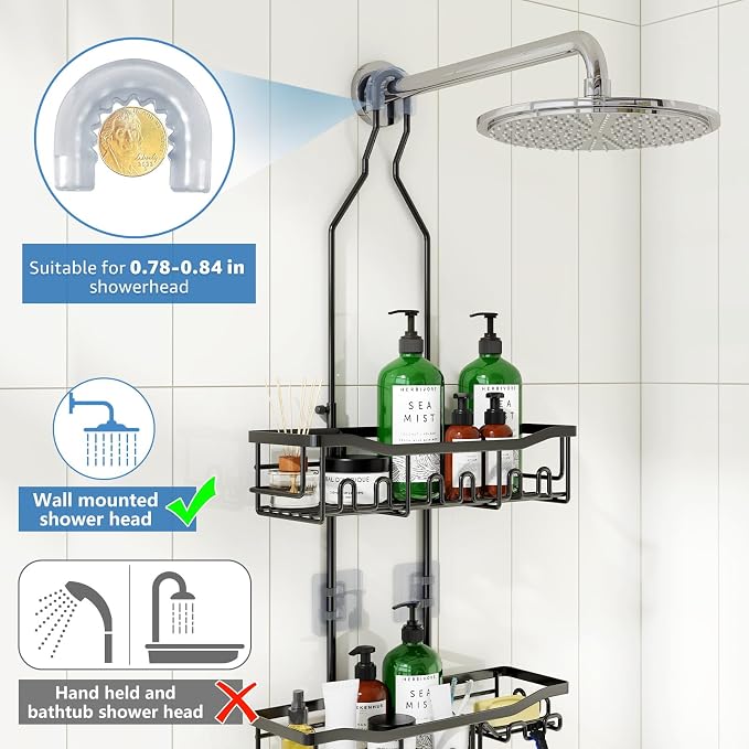 Upgraded Extended Length Shower Organizer with Hooks, Rustproof Shampoo Soap Holder, Large Hanging Bathroom Caddy - Image 3