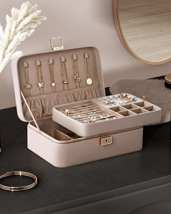 Jewelry Box, 2-Layer Jewelry Holder Organizer with Lock, Removable Jewelry Tray for Earrings Necklaces Bracelets, Light Taupe - Image 6