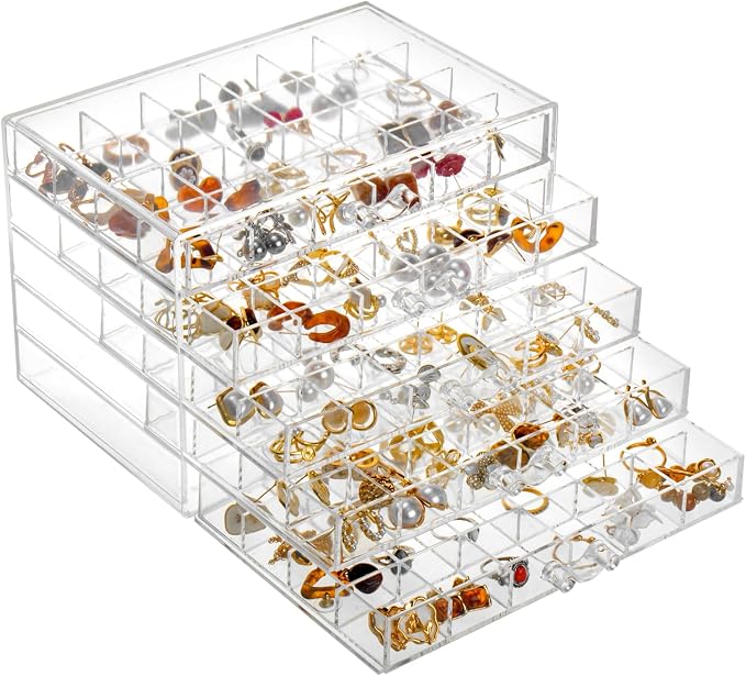 YUFONG Earring Storage Box Organizer, Acrylic Jewelry Storage Box Holder 5 Drawers Transparent Jewelry Display Stand with 120 Small Compartments Gift Boxes for Women Girls (Clear) - Image 6