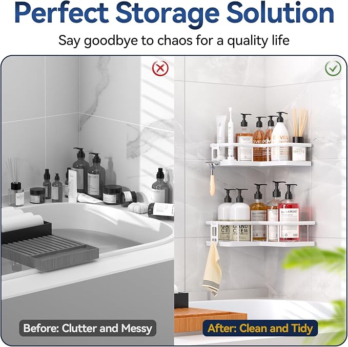 YASONIC Shower Caddy Corner, 2-Pack Adhesive Rustproof Stainless Steel Shower Shelves with Soap Holder, No Drilling Shower Organizer Corner for Dorm, Renters Bathroom White - Image 8